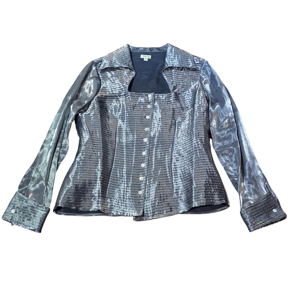Agora Women's Silver Metallic Square Neck Long Sleeve Button‎ Up Shirt Size M